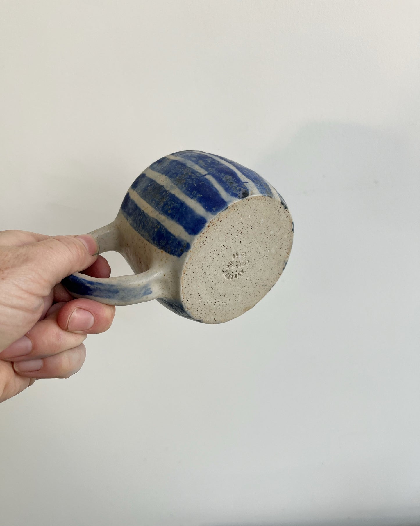 Handmade Ceramic Coffee Cup: Blue Striped Stoneware Mug