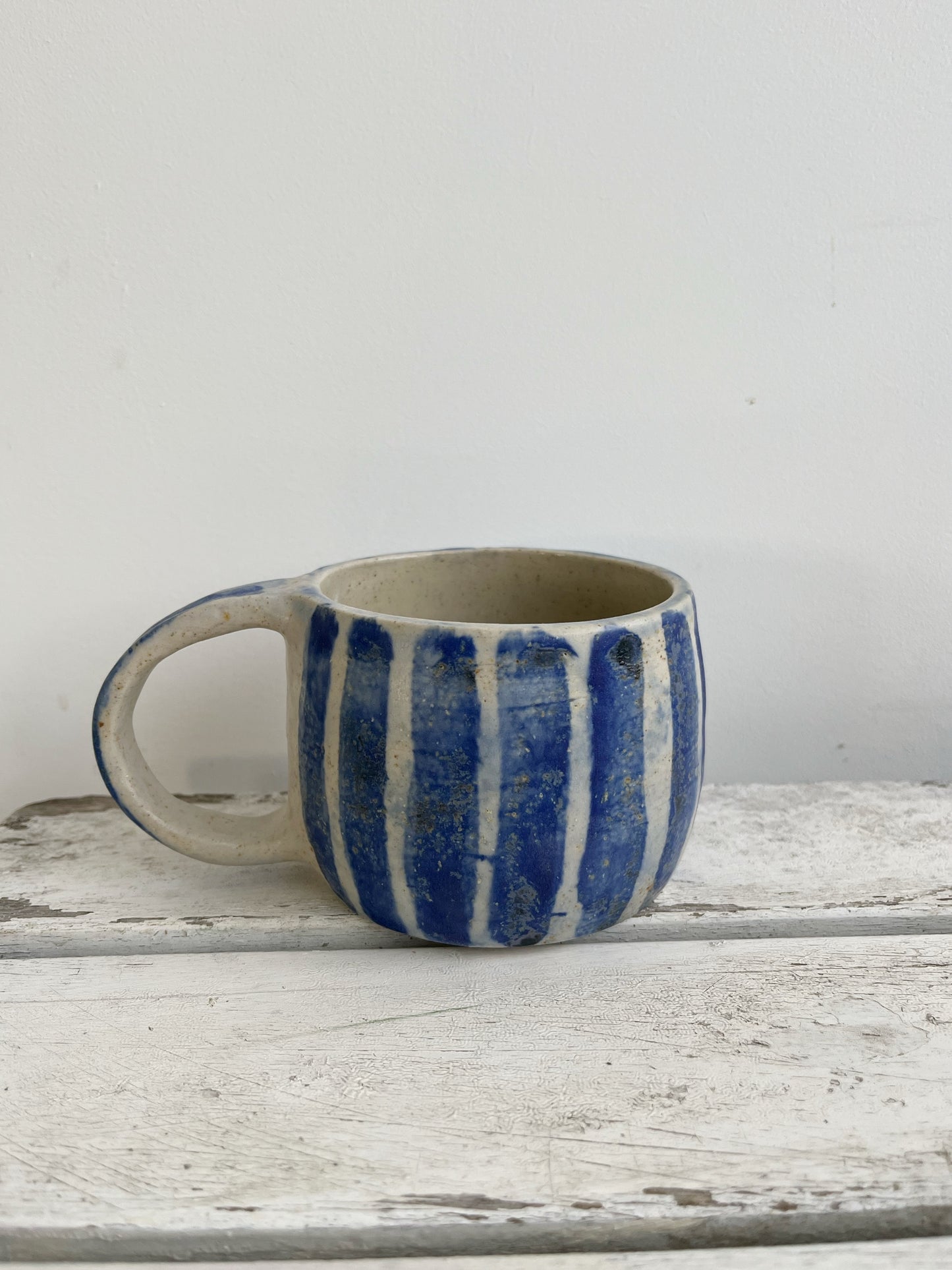 Handmade Ceramic Coffee Cup: Blue Striped Stoneware Mug