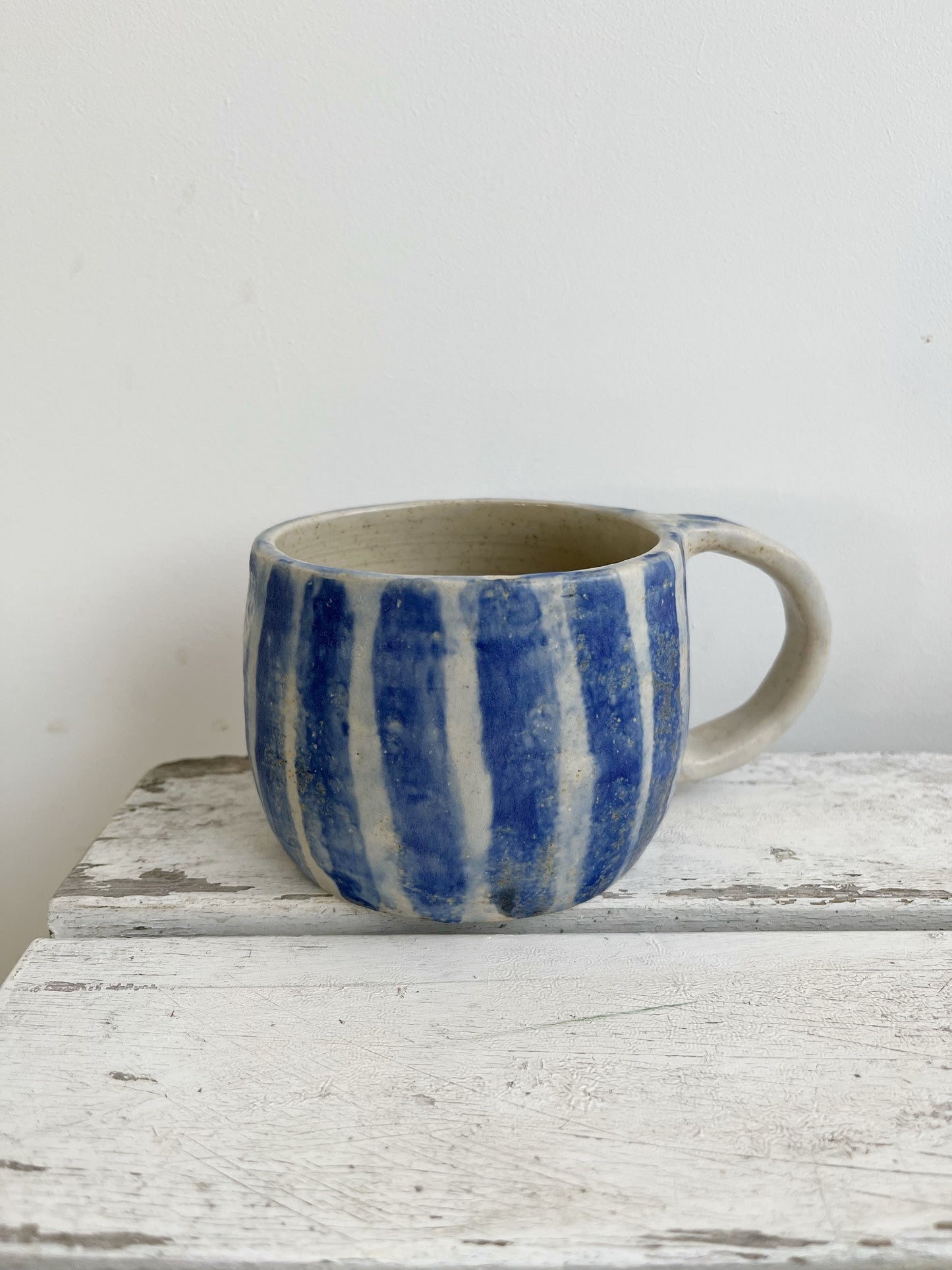 Handmade Ceramic Coffee Cup: Blue Striped Stoneware Mug